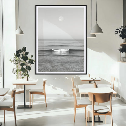 96234442-MGV-CV-24X36-Black White Ocean Scene Wall Art Canvas Print, Framed Full Moon Over Sea Art Picture Print, Tranquil Coastal Canvas Perfect