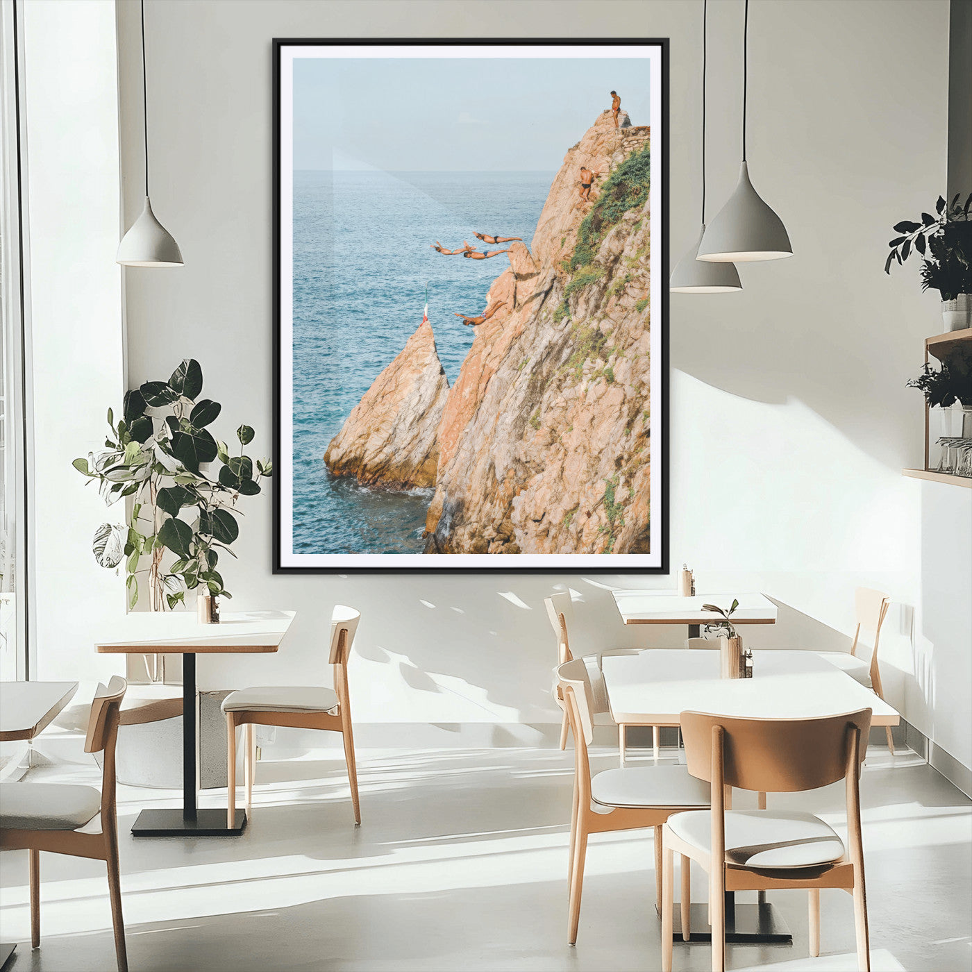 74527880-MGV-CV-24X36-Cliff Divers Wall Art Canvas Print, Framed Ocean Adventure Art Picture Print, Coastal Movement Perfect Adventurous Coastal Decor