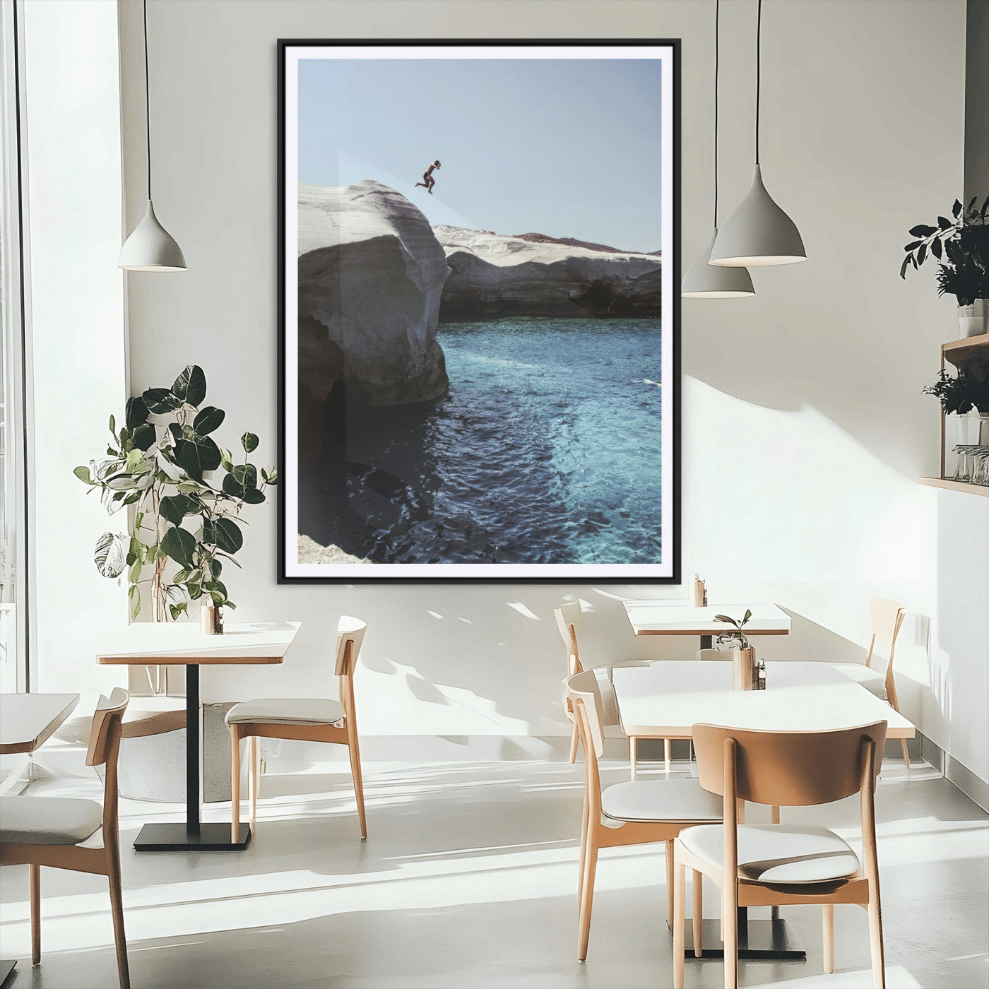 96853328-MGC-FP-24x36_Black-Cliff Diving Wall Art Canvas Print, Framed Turquoise Sea Art Picture Print, Ocean Adventure Perfect Coastal Minimalist Decor