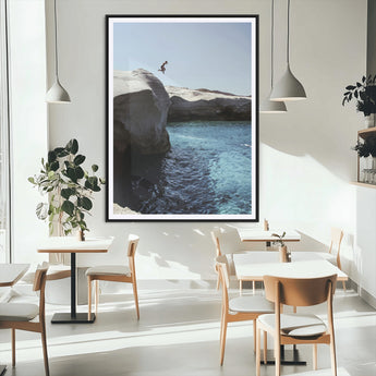 96853328-MGC-FP-24x36_Black-Cliff Diving Wall Art Canvas Print, Framed Turquoise Sea Art Picture Print, Ocean Adventure Perfect Coastal Minimalist Decor