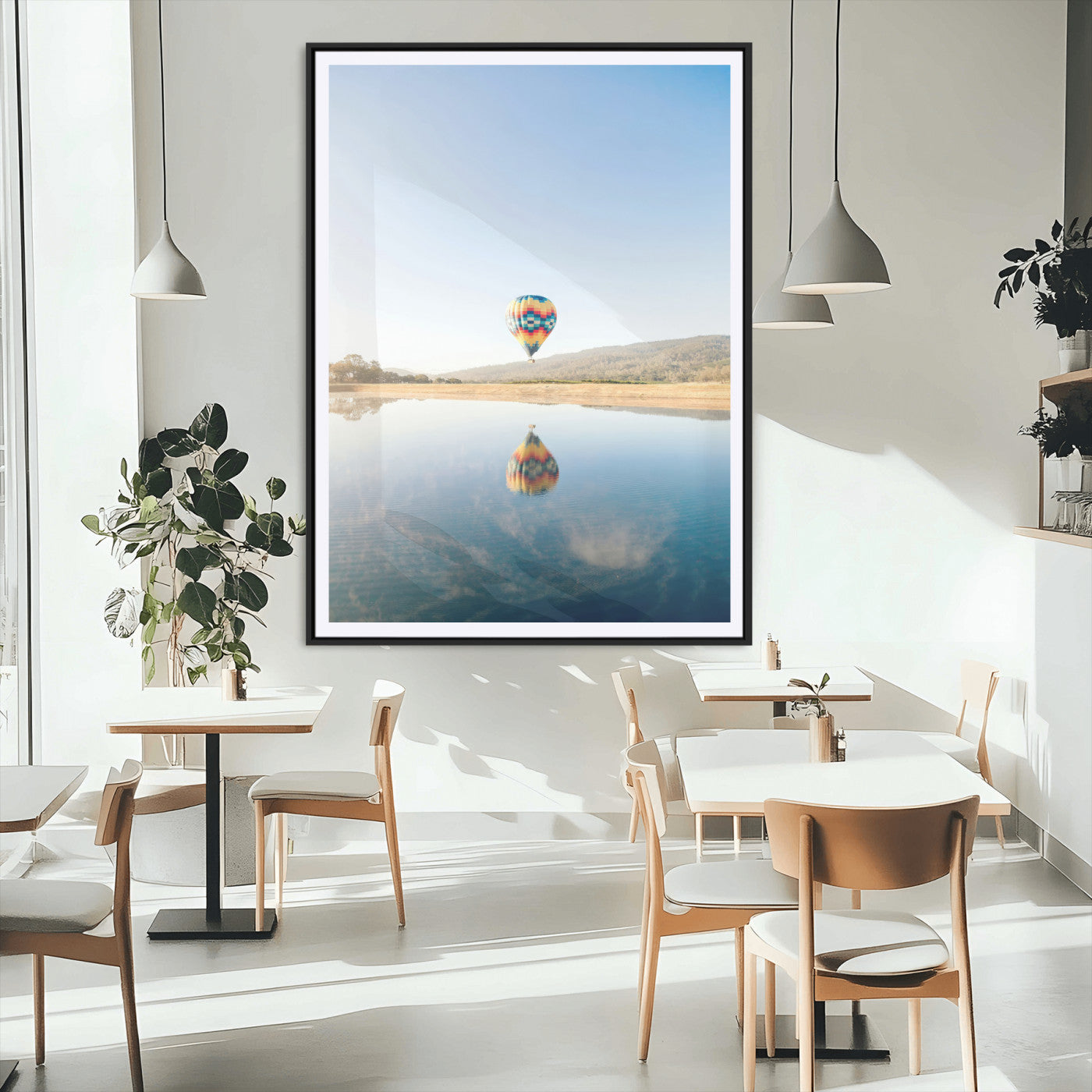 98091684-MGC-FP-24x36_Black-Hot Air Balloon Wall Art Canvas Print, Framed Flight Reflection Art Picture Print, Peaceful Lakeside Perfect Modern Minimalist