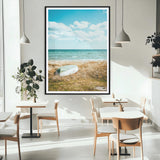 21725303-MGC-FP-24x36_Black-Coastal Serenity Wall Art Canvas Print, Framed Ocean View Art Picture Print, Rustic Boat Perfect Nautical Coastal Decor Artwork