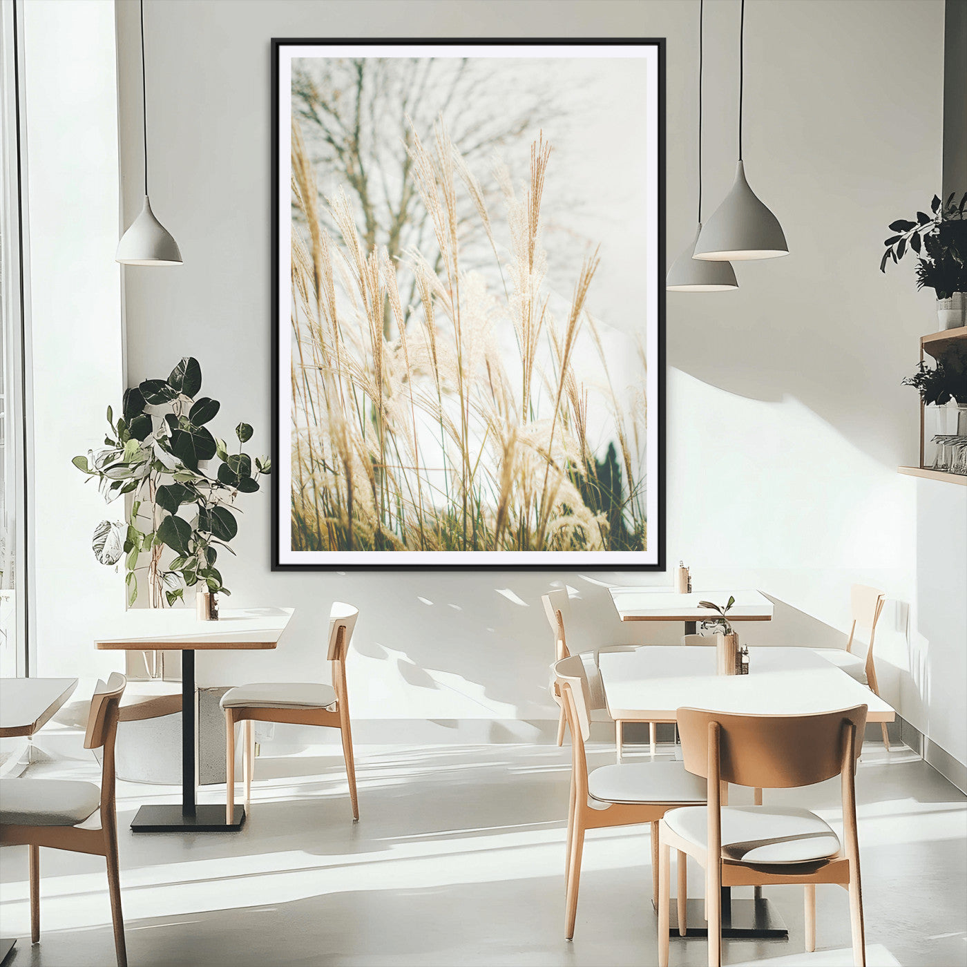 17571705-MGV-CV-24X36-Pampas Grass Wall Art Canvas Print, Framed Neutral Tones Art Picture Print, Minimalist Nature Perfect Boho Minimalist Decor