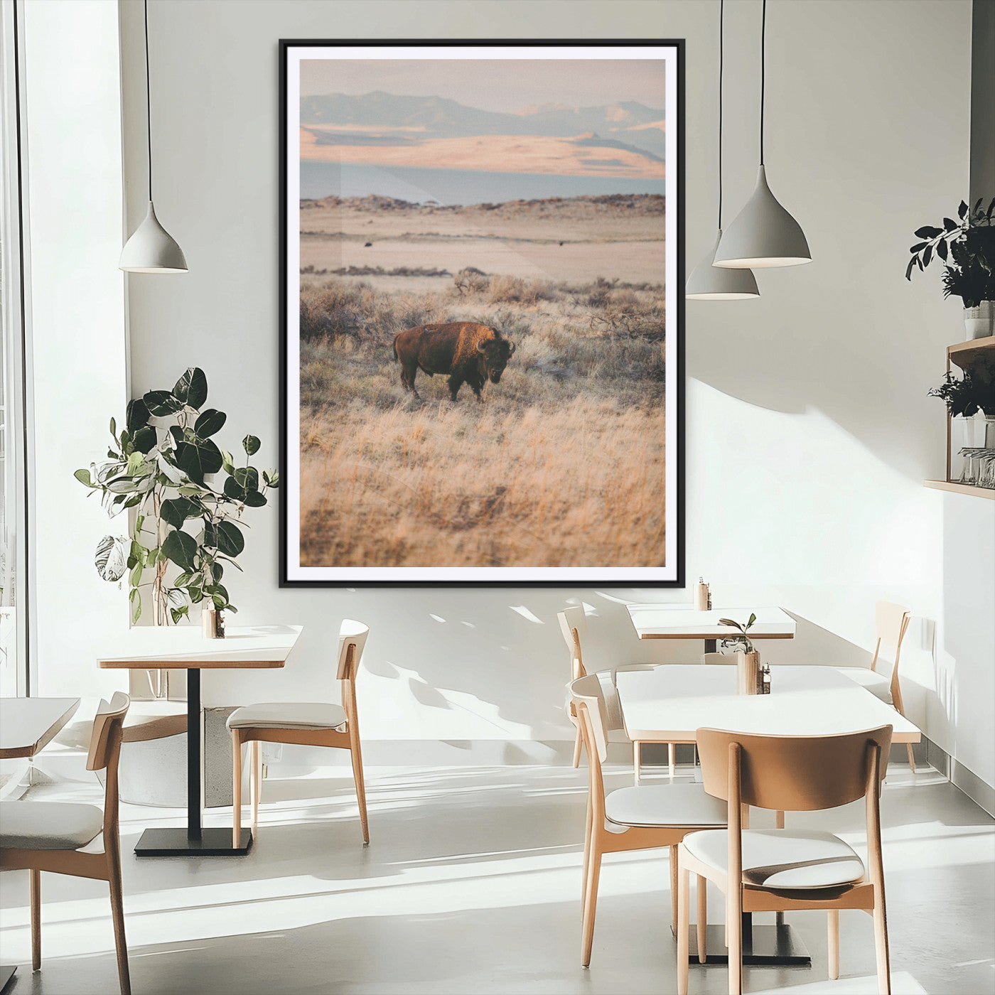75146693-MGC-FP-24x36_Black-Solitary Buffalo Wall Art Canvas Print, Framed Golden Prairie Art Picture Print, Earthy Tones Perfect Rustic Western Decor Artwork