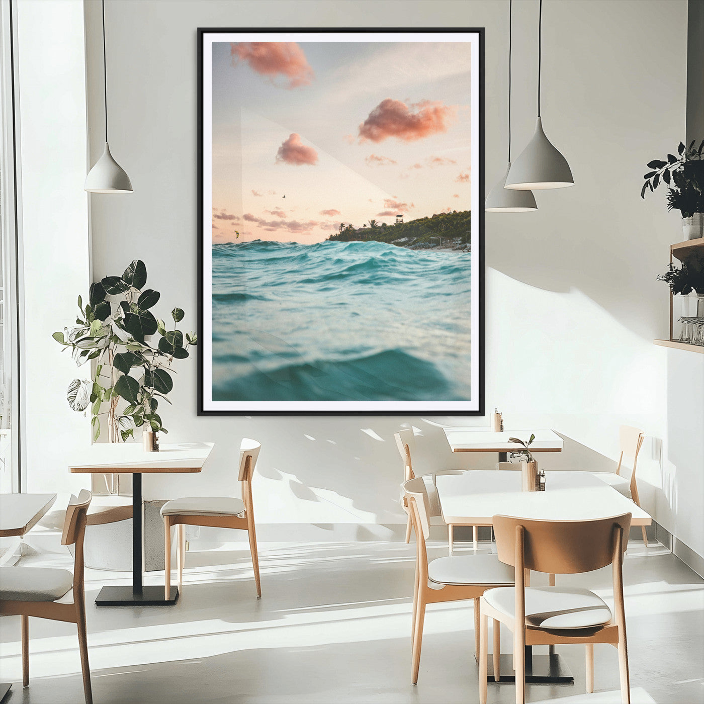 13960366-MGV-CV-24X36-Tropical Seascape Wall Art Canvas Print, Framed Sunset Ocean Art Picture Print, Coastal Aesthetic Perfect Coastal Bohemian Decor