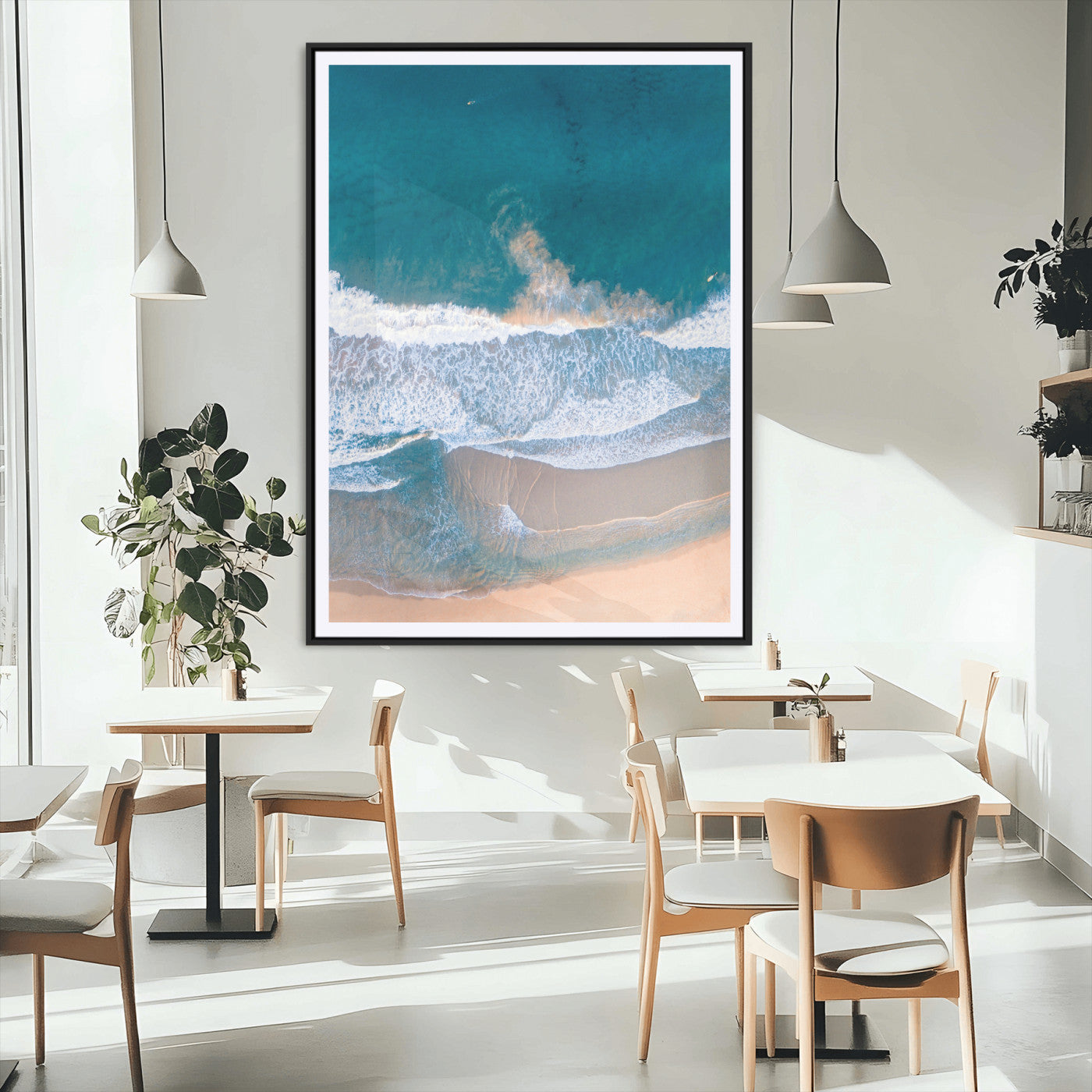 97740681-MGV-CV-24X36-Aerial Beach View Wall Art Canvas Print, Framed Ocean Waves Art Picture Print, Coastal Serenity Perfect Coastal Minimalist Decor