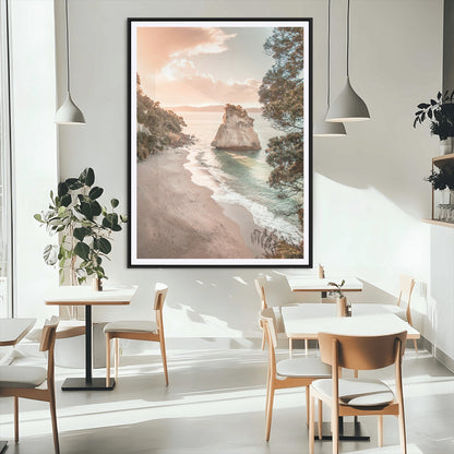 34220311-MGC-FP-24x36_Black-Coastal Rock Wall Art – Sunset Beach Canvas Print with Ocean Waves and Golden Light, Scenic Seaside Photography for Bedroom,