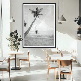 41303063-MGV-CV-24X36-Coastal Wall Art – Palm Tree Swing Black and White Canvas Print, Tropical Beach Photography Decor for Bedroom, Living Room,