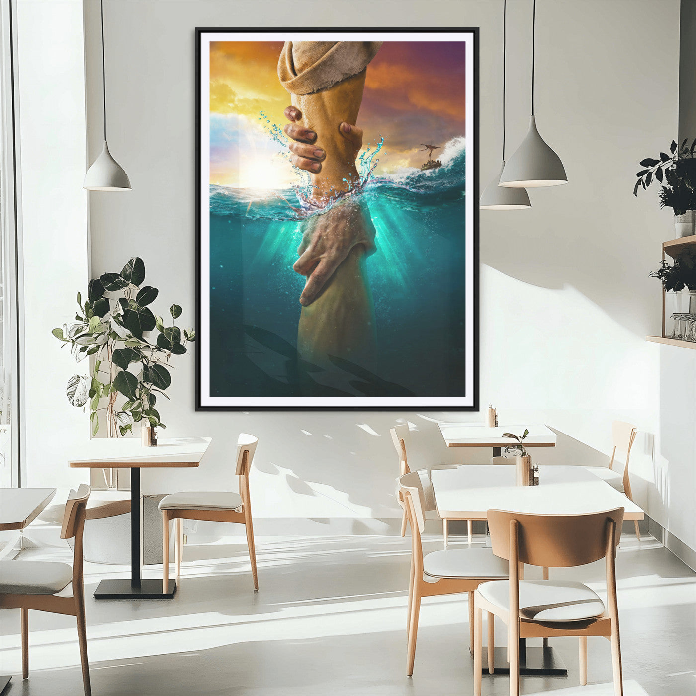 68298058-MGC-FP-24x36_Black-Inspirational Wall Art – Helping Hands Canvas Print, Powerful Ocean and Light Photography Decor for Bedroom, Living Room, Office