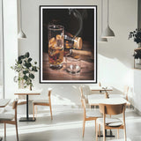 13274-MGC-FP-24x36_Black-Whiskey Glass Wall Art Canvas Print, Framed Smoking Cigar Art Picture Print, Amber Whiskey Perfect Masculine Rustic Decor Artwork