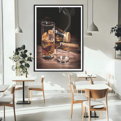 13274-MGC-FP-24x36_Black-Whiskey Glass Wall Art Canvas Print, Framed Smoking Cigar Art Picture Print, Amber Whiskey Perfect Masculine Rustic Decor Artwork