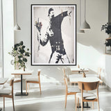 64032-MGC-FP-24x36_Black-Flower Thrower Wall Art Canvas Print, Framed Urban Protest Art Picture Print, Graffiti Style Perfect Urban Contemporary Decor