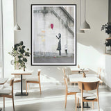 35033-MGC-FP-24x36_Black-Balloon Girl Wall Art Canvas Print, Framed Street Banksy Art Picture Print, Urban Contrast Perfect Minimal Urban Decor Artwork