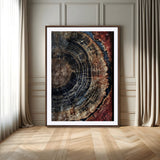 Test1-MGV-CV-24X36-Rustic Tree Ring Wall Art – Abstract Wood Grain Canvas Print, Natural Blue and Red Toned Artwork for Living Room, Bedroom, Office