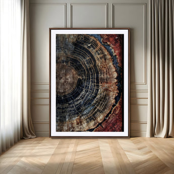 Test1-MGV-CV-24X36-Rustic Tree Ring Wall Art – Abstract Wood Grain Canvas Print, Natural Blue and Red Toned Artwork for Living Room, Bedroom, Office