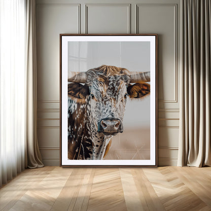 50803532-MGC-FP-24x36-Texas Longhorn Wall Art Canvas Print, Framed Speckled Cow Art Picture Print, Horned Bull Perfect Rustic Western Decor Artwork