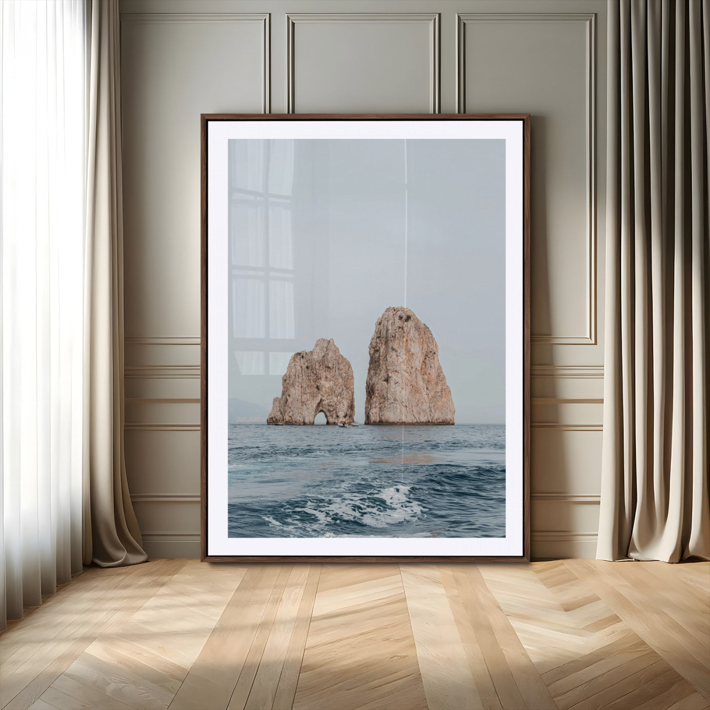 23148844-MGV-CV-24X36-Faraglioni Capri Wall Art Canvas Print, Framed Serene Ocean Art Picture Print, Mediterranean Coastal Perfect Mediterranean