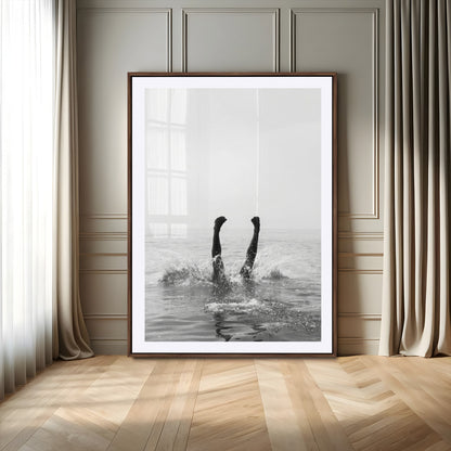 43900465-MGV-CV-24X36-Minimal Ocean Wall Art Canvas Print, Framed Monochrome Diving Art Picture Print, Swimmer in Sea Perfect Minimalist Coastal Decor