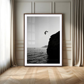 99497106-MGV-CV-24X36-Cliff Jumping Wall Art Canvas Print, Framed Black White Ocean Art Picture Print, Monochrome Cliff Perfect Minimalist Adventure