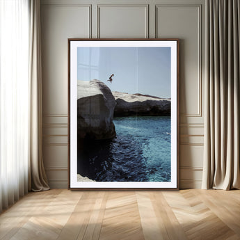 96853328-MGC-FP-24x36-Cliff Diving Wall Art Canvas Print, Framed Turquoise Sea Art Picture Print, Ocean Adventure Perfect Coastal Minimalist Decor