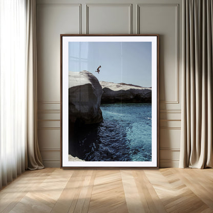 96853328-MGC-FP-24x36-Cliff Diving Wall Art Canvas Print, Framed Turquoise Sea Art Picture Print, Ocean Adventure Perfect Coastal Minimalist Decor