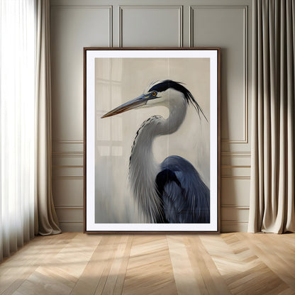 60171823-MGC-FP-24x36-Blue Heron Wall Art Canvas Print, Framed Coastal Bird Theme Art Picture Print, Minimalist Wildlife Perfect Coastal Minimalist