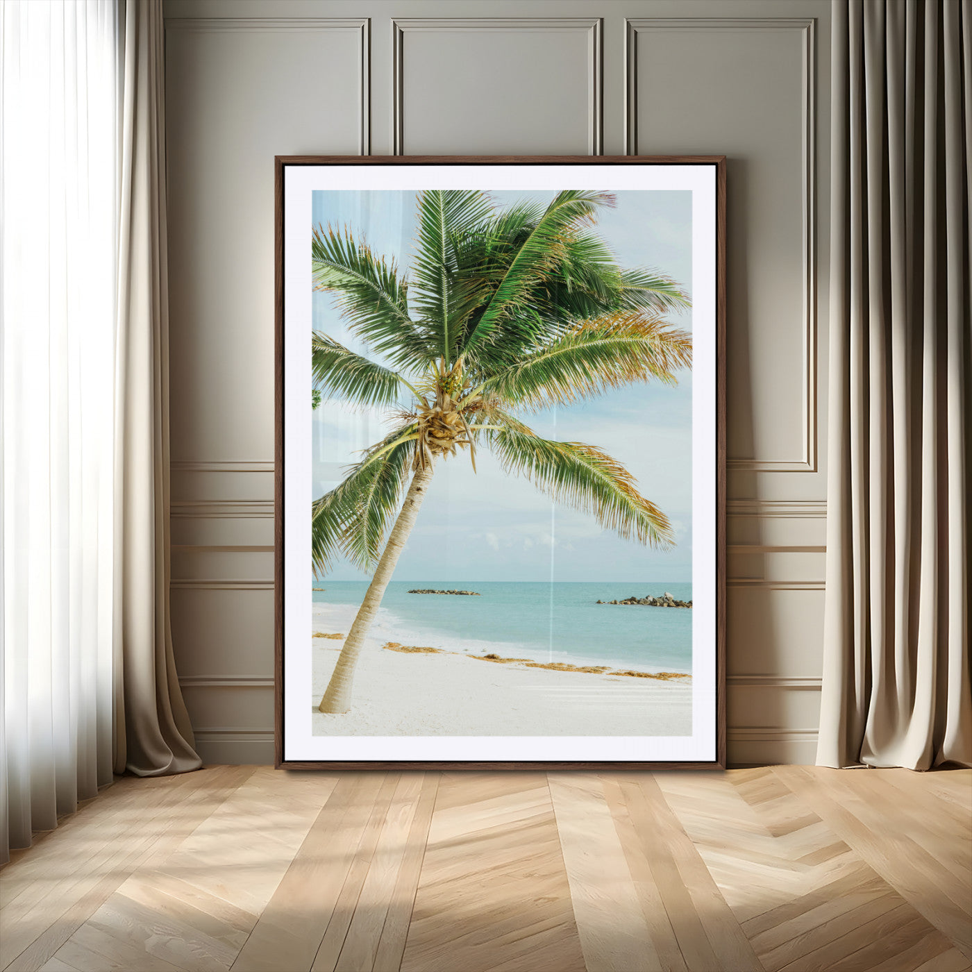 83804429-MGC-FP-24x36-Palm Tree Wall Art Canvas Print, Framed Tropical Beach Art Picture Print, Soft Sand Perfect Tropical Coastal Decor Artwork