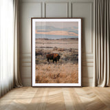 75146693-MGC-FP-24x36-Solitary Buffalo Wall Art Canvas Print, Framed Golden Prairie Art Picture Print, Earthy Tones Perfect Rustic Western Decor Artwork