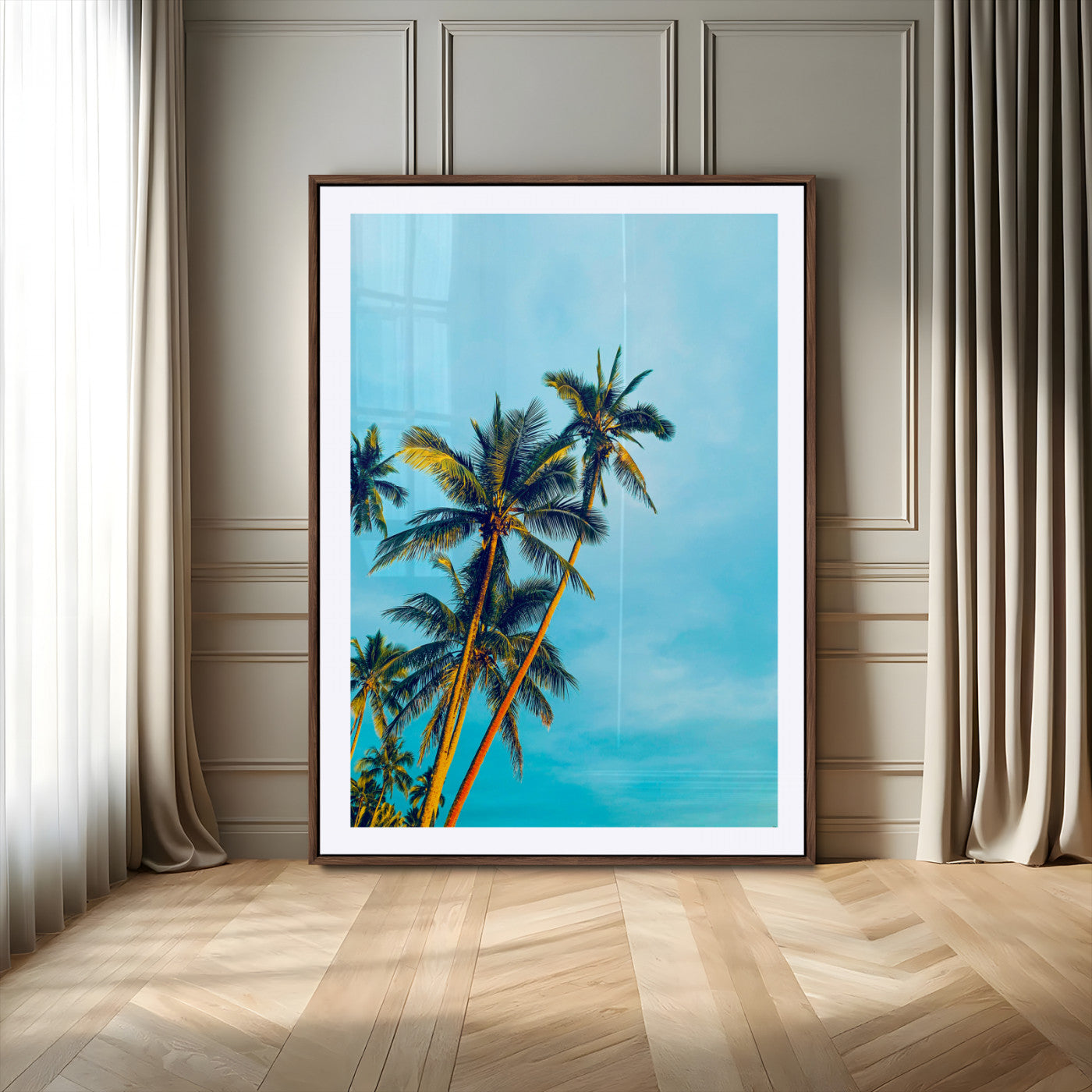 62885569-MGC-FP-24x36-Palm Trees Wall Art Canvas Print, Framed Tropical Vibes Art Picture Print, Blue Sky Perfect Coastal Boho Decor Artwork