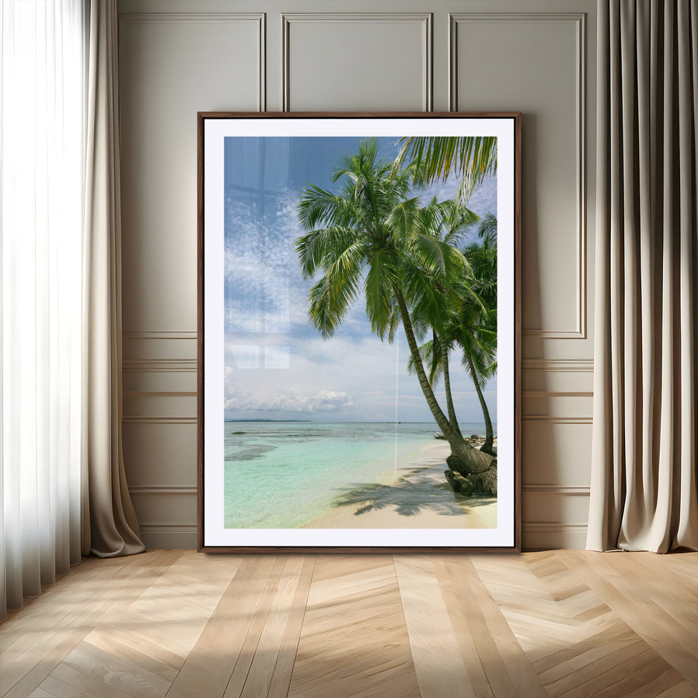 80489589-MGC-FP-24x36_Walnut-Palm Tree Beach Wall Art – Tropical Paradise Canvas Print with White Sand and Turquoise Ocean, Coastal Photography for Bedroom,
