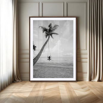 41303063-MGV-CV-24X36-Coastal Wall Art – Palm Tree Swing Black and White Canvas Print, Tropical Beach Photography Decor for Bedroom, Living Room,