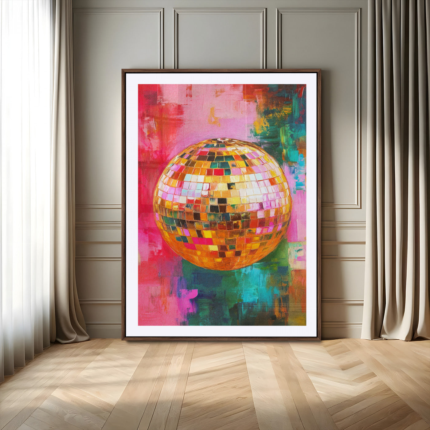 93291679-MGV-CV-24X36-Modern Wall Art – Golden Disco Ball Canvas Print, Colorful Abstract Pop Art Painting Decor for Bedroom, Living Room, Office, Music