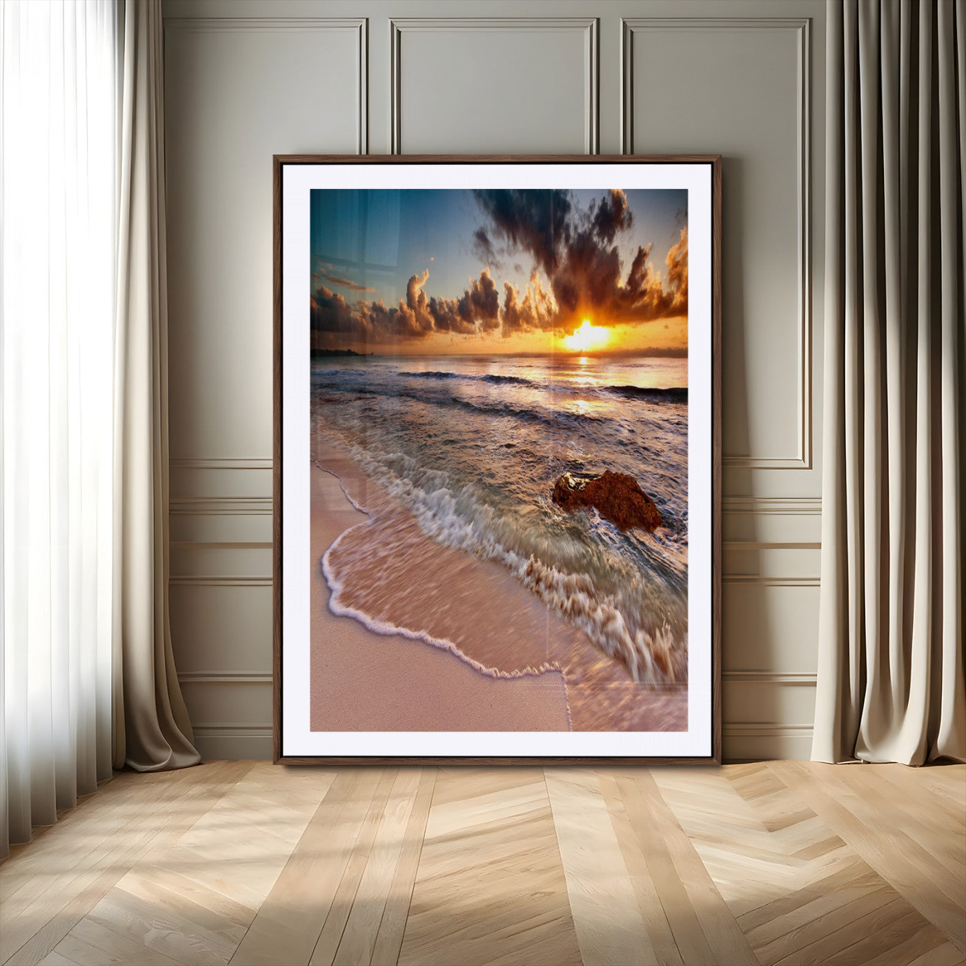 14930-MGV-CV-24X36-Beach Sunset Wall Art Canvas Print, Framed Ocean Horizon Art Picture Print, Tropical Shore Perfect Minimalist Coastal Decor