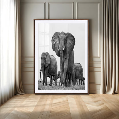 79634-MGV-CV-24X36-Elephant Herd Wall Art Canvas Print, Framed African Elephant Art Picture Print, Monochrome Wildlife Perfect Monochrome Safari