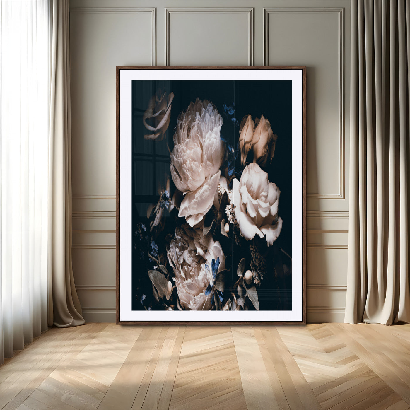 47195-MGV-CV-24X36-Moody Peonies Wall Art Canvas Print, Framed Dark Floral Art Picture Print, Creamy Rose Perfect Baroque Floral Decor Artwork