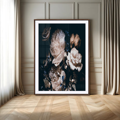 47195-MGV-CV-24X36-Moody Peonies Wall Art Canvas Print, Framed Dark Floral Art Picture Print, Creamy Rose Perfect Baroque Floral Decor Artwork