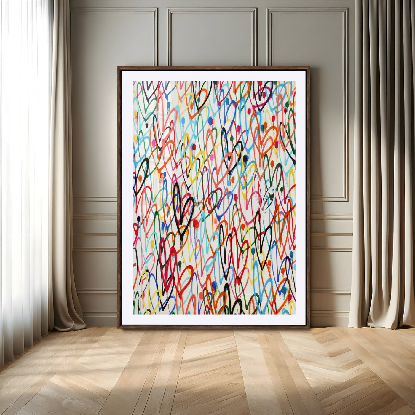 43135-MGV-CV-24X36-Graffiti Hearts Wall Art Canvas Print, Framed Colorful Hearts Art Picture Print, Multicolor Graffiti Perfect Urban Pop Decor