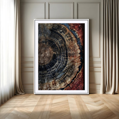 Test1-MGC-FP-24x36_White-Rustic Tree Ring Wall Art – Abstract Wood Grain Canvas Print, Natural Blue and Red Toned Artwork for Living Room, Bedroom, Office