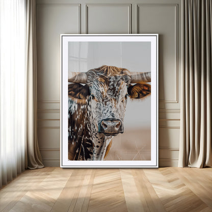 50803532-MGV-CV-24X36-Texas Longhorn Wall Art Canvas Print, Framed Speckled Cow Art Picture Print, Horned Bull Perfect Rustic Western Decor Artwork