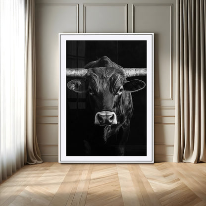 75358747-MGC-FP-24x36_White-Texas Longhorn Wall Art Canvas Print, Framed Monochrome Bull Art Picture Print, Horned Bull Perfect Minimalist Western Decor