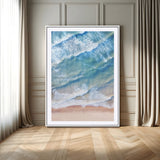 81208260-MGC-FP-24x36-Aerial Ocean Wall Art Canvas Print, Framed Blue Waves Art Picture Print, Sandy Shoreline Perfect Modern Coastal Decor Artwork
