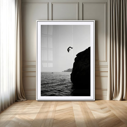 99497106-MGC-FP-24x36_White-Cliff Jumping Wall Art Canvas Print, Framed Black White Ocean Art Picture Print, Monochrome Cliff Perfect Minimalist Adventure