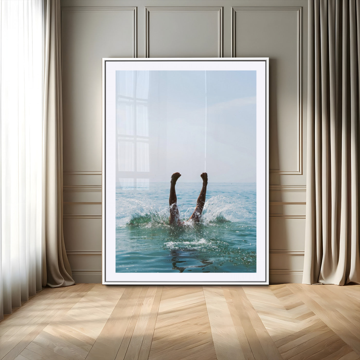 14351555-MGC-FP-24x36-Ocean Splash Wall Art Canvas Print, Framed Playful Beach Art Picture Print, Coastal Summer Perfect Coastal Contemporary Decor