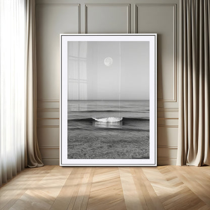 96234442-MGC-FP-24x36-Black White Ocean Scene Wall Art Canvas Print, Framed Full Moon Over Sea Art Picture Print, Tranquil Coastal Canvas Perfect