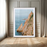 74527880-MGC-FP-24x36_White-Cliff Divers Wall Art Canvas Print, Framed Ocean Adventure Art Picture Print, Coastal Movement Perfect Adventurous Coastal Decor