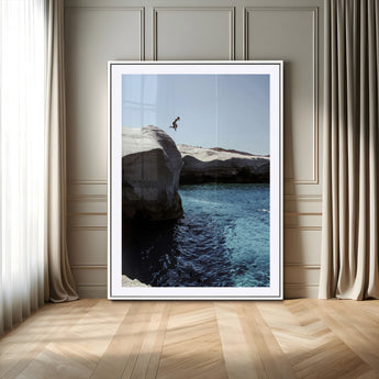 96853328-MGC-FP-24x36-Cliff Diving Wall Art Canvas Print, Framed Turquoise Sea Art Picture Print, Ocean Adventure Perfect Coastal Minimalist Decor