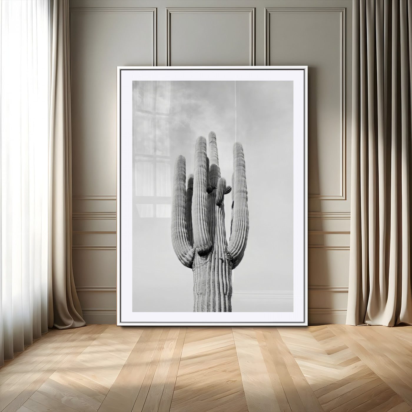 17148959-MGC-FP-24x36_White-Saguaro Cactus Wall Art Canvas Print, Framed Monochrome Desert Art Picture Print, Black White Cactus Perfect Southwestern