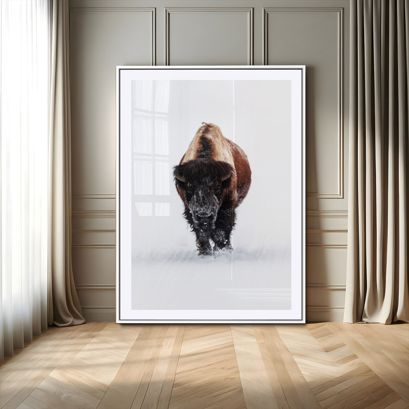 11394883-MGC-FP-24x36-Winter Bison Wall Art Canvas Print, Framed Rustic Wildlife Art Picture Print, Bold Animal Art Perfect Rustic Lodge Decor Artwork