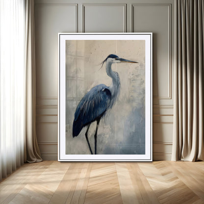 51380726-MGC-FP-24x36-Blue Heron Decor Wall Art Canvas Print, Framed Coastal Bird Design Art Picture Print, Minimal Heron Portrait Perfect Coastal
