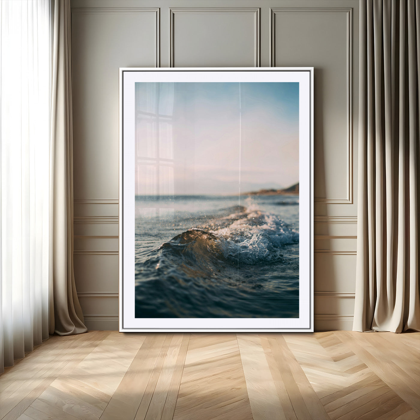 65283502-MGV-CV-24X36-Ocean Waves Wall Art Canvas Print, Framed Coastal Serenity Art Picture Print, Golden Hour Perfect Modern Coastal Decor Artwork
